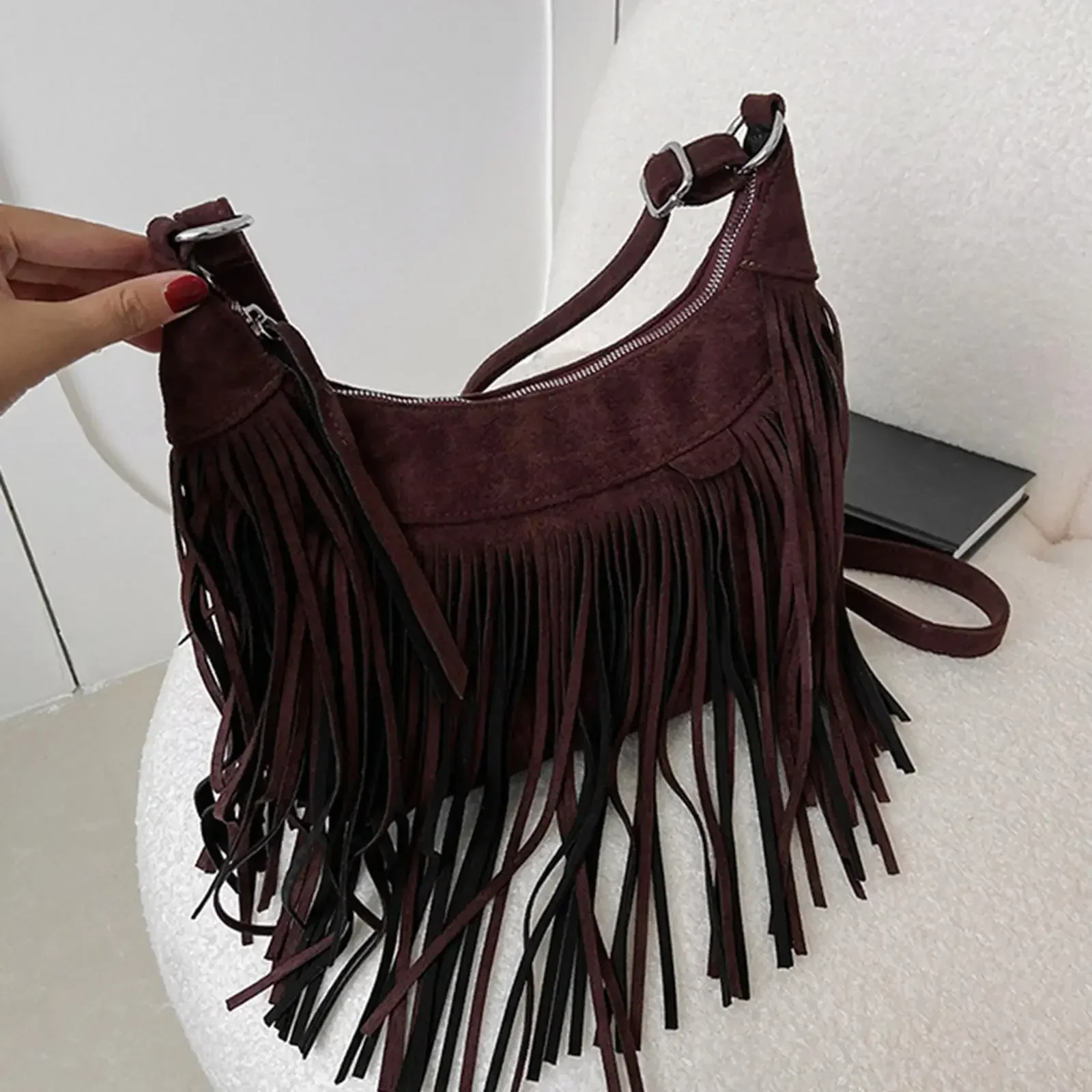 New Large Retro Fringed Handbag Totes Bag  PU Messenger Bag Zipper Soft Ethnic Style Women’s Fringed Leather Shoulder Bag