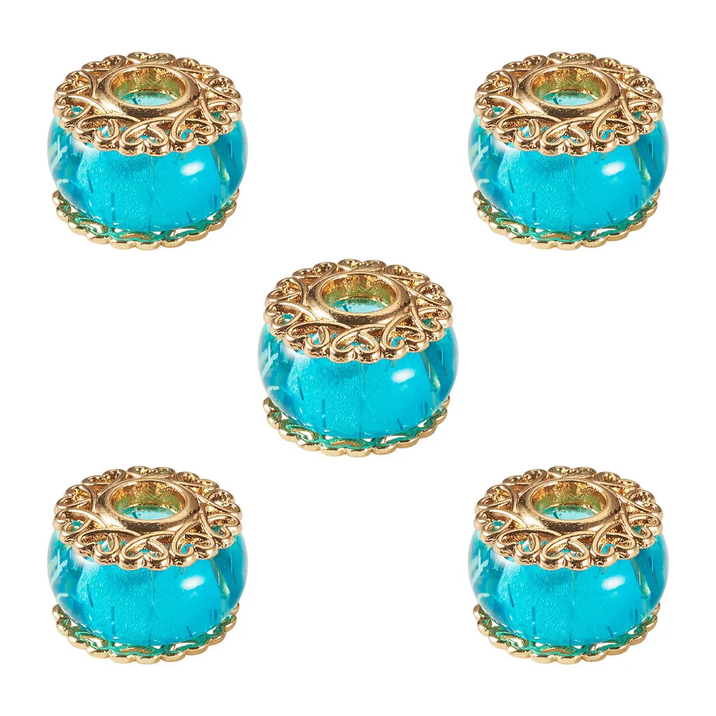 5Pcs Rondelle Alloy European Beads with Resin and Sequins Large Hole Beads Loose Spacer Metal Beads for Jewelry Making Bracelet