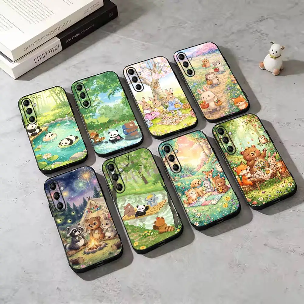 Cartoon Animals Spring Outing Phone Case For Samsung Galaxy A73,A72,A71,A70,A53,A52,A51,Others Soft Black Cover