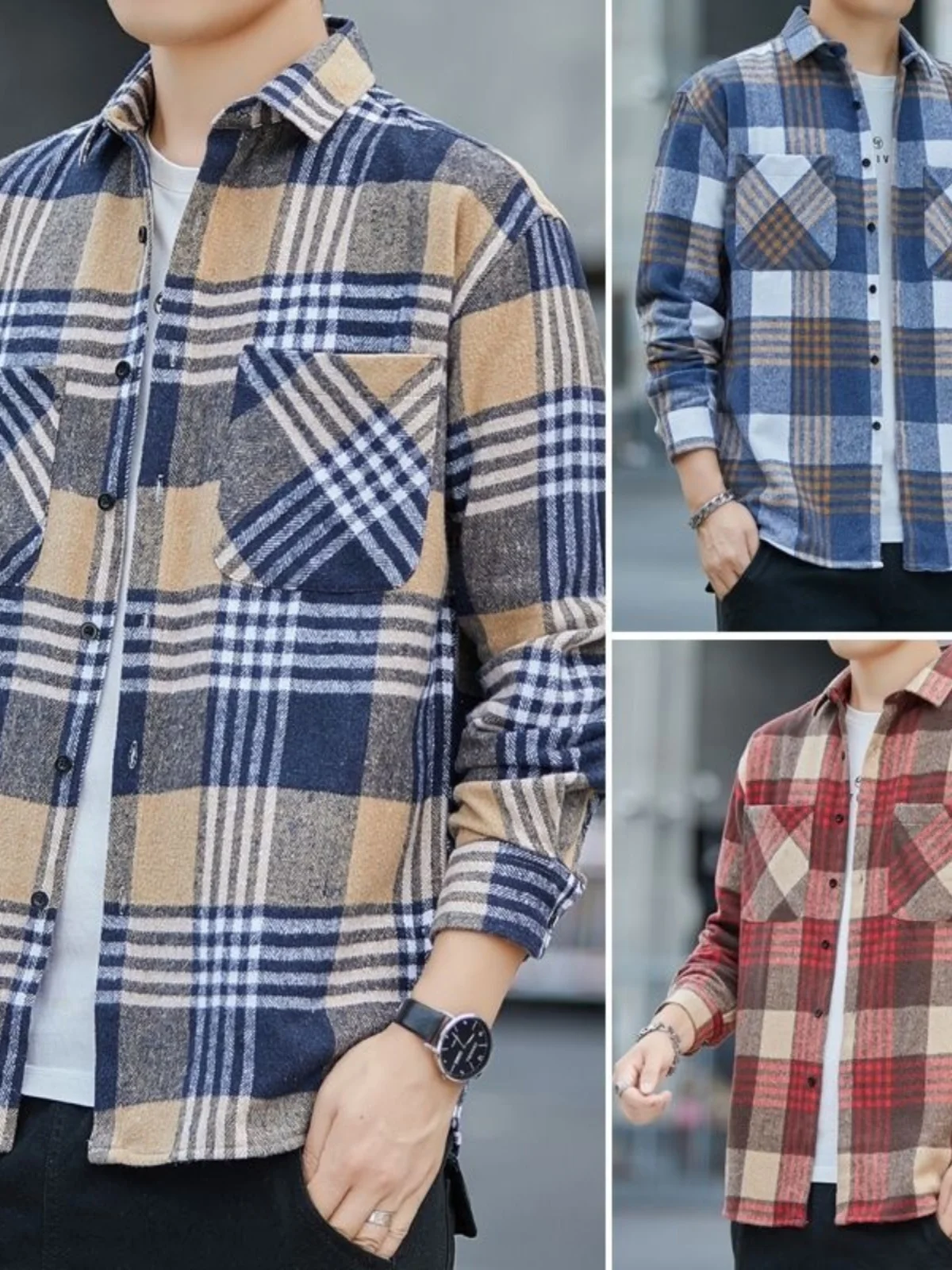 

Свободный крой, мужская клетчатая длинная куртка из хлопка, весенняя мода, повседневная куртка с воротником на пуговицах, модная верхняя одежда