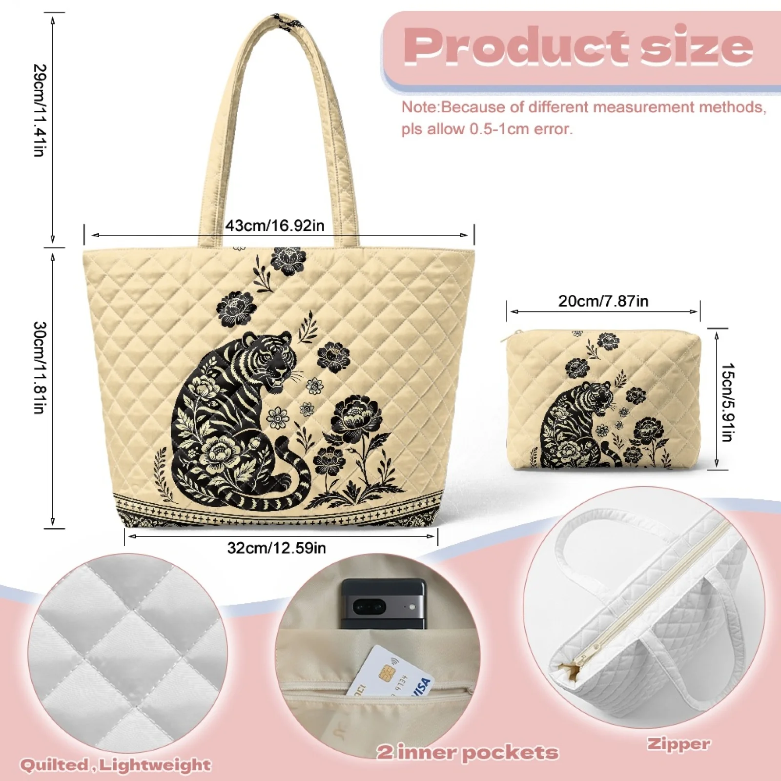 Coloranimal Starfish Seashell Set 2 Piece Quilted Shoulder Bag Inner Pockets Tote Bag with Matching Cosmetic Bag for Activities