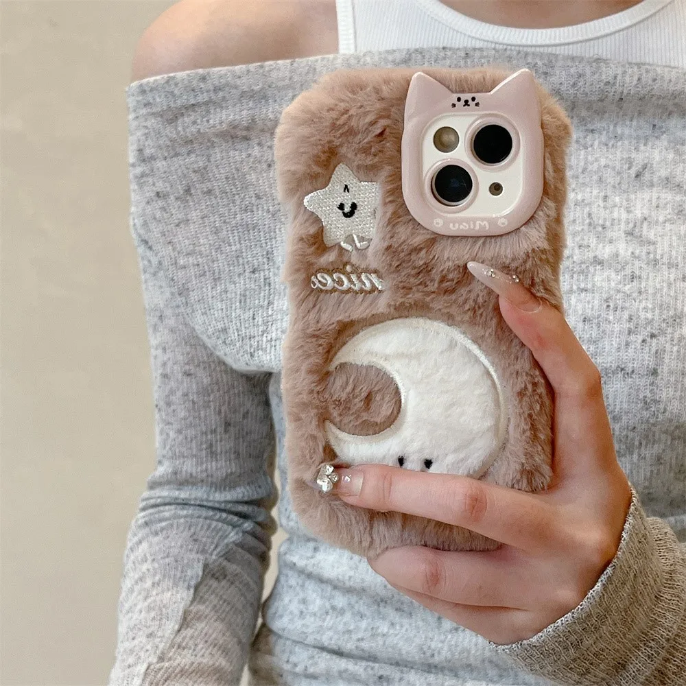 Soft Plush Cute Star Moon Phone Case For iPhone 14 15 16 Plus 13 Pro Max 11 12 Fluffy Warm Winter Furry Fur Cover