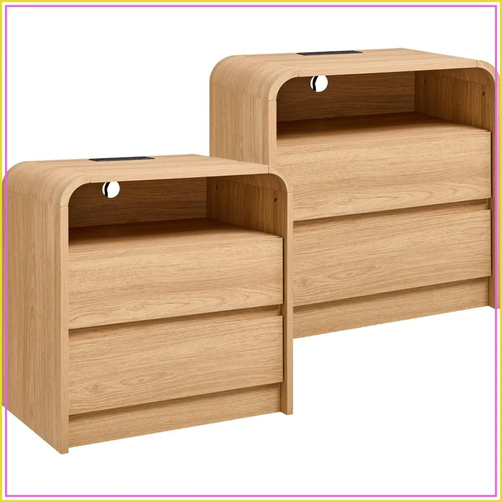 25 inch Tall Modern Nightstand Set of 2, Wood Bedside Table for Bedroom, Natural Oak