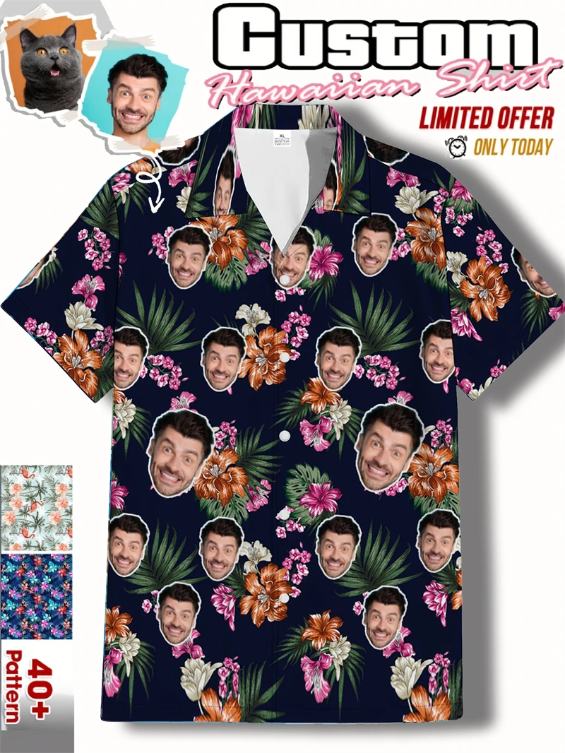

Free Custom Photo Face Team Hawaiian Man Shirts Coconut Tree Pattern Personalized Diy Face Beach Men Short Sleeve Aloha Shirts