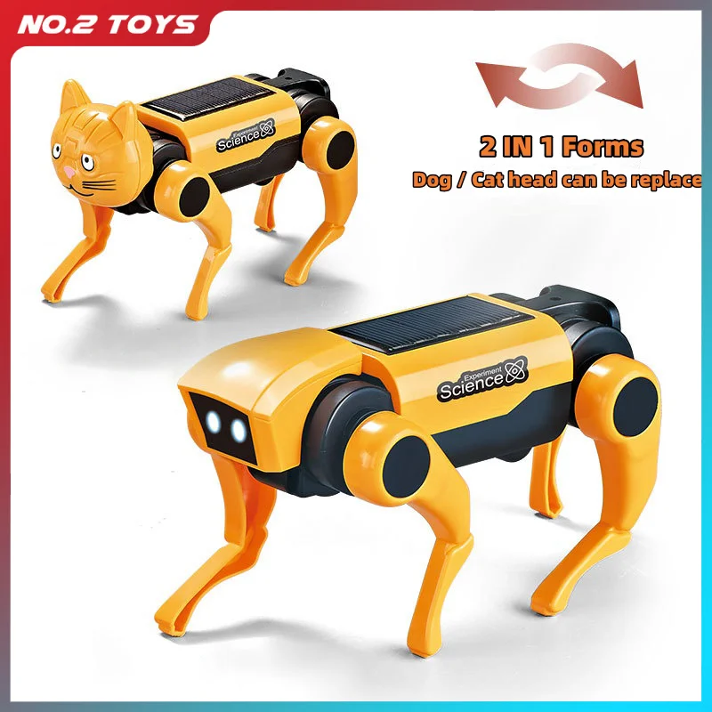

2IN1 Solar Robot Dog Replaceable Cat Head Science Experiment Boys Toys Solar Power DIY Assembly Electric Mechanical Dog Kids Toy