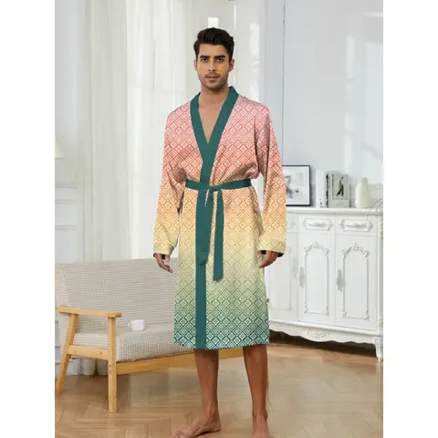 Summer men's nightgown ice silk pajamas long-sleeved bathrobe tied thin home clothes short-sleeved new style all seasons
