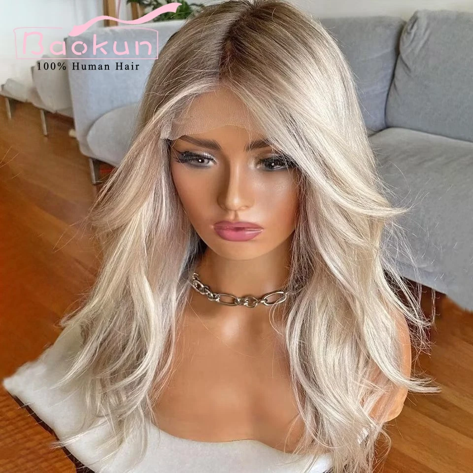 Ash Blonde HD Lace Frontal Wig para Mulheres, Perucas de Cabelo Humano, Peruca Destaque Marrom, Onda Do Corpo 360, 13x4