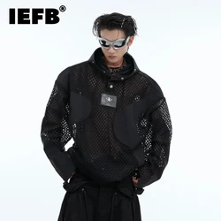 IEFB Niche Hollow Mesh Hooded Sweatshirt Loose Punk Splicing Hoodie Trendy 2024 Solid Color Long Sleeve Male Tops 24E2107