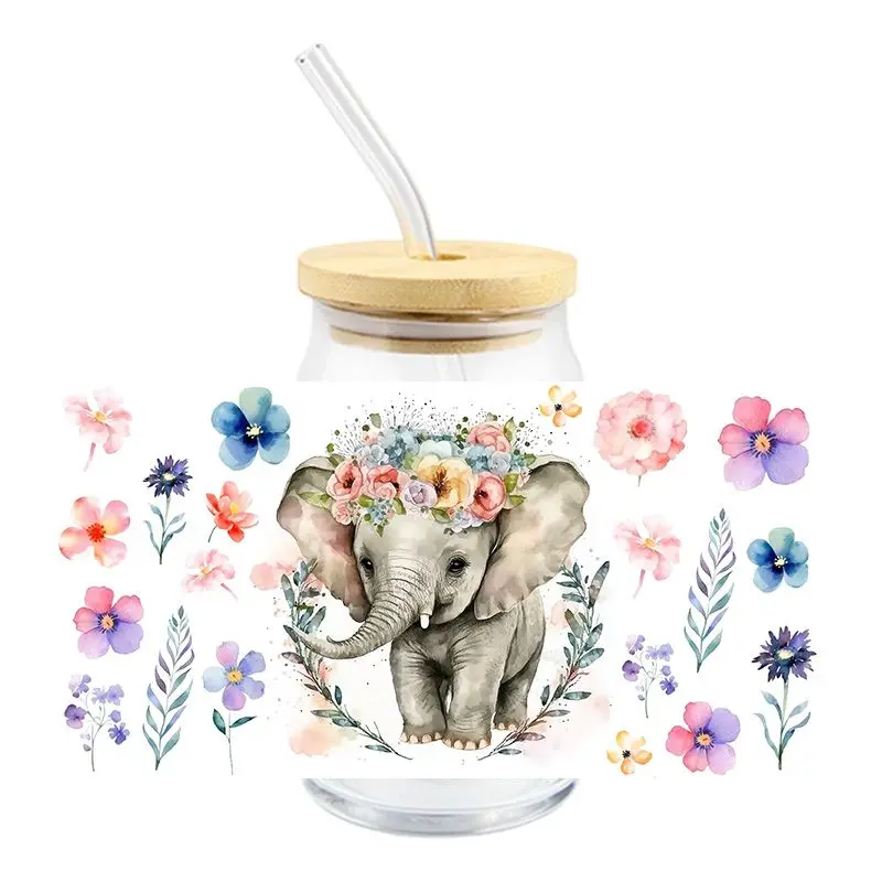 Cute 3D UV DTF Transfer Wraps Sticker Elephant Flowers Design UV Sticker For 16OZ Cups Wrap Transfer Decals  Custom Logo