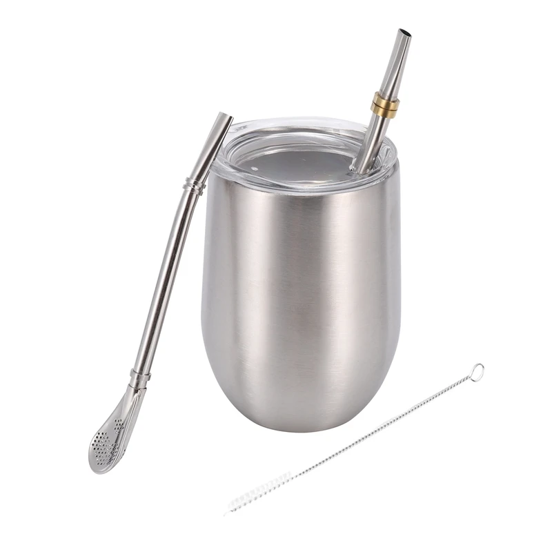 

Yerba Mate Gourd Tea Cup Set 12Oz,Double-Wall Stainless Coffee Water Cup With Lid 2 Bombillas Straws Spoon&Brush