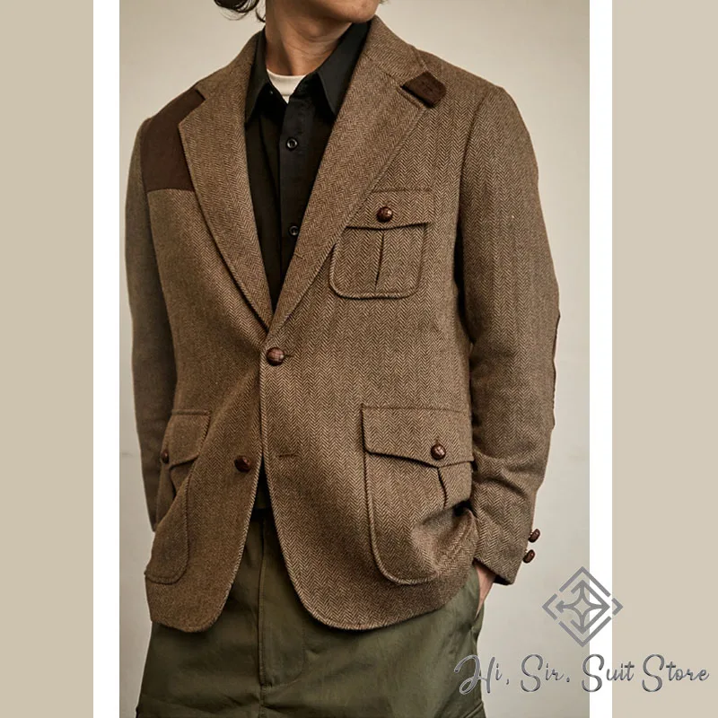 

Винтажный мужской пиджак из твида с узором «елочка», осенне-зимний плотный новый деловой пиджак для покупок, повседневная куртка в винтажном стиле