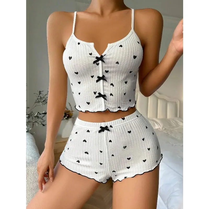 

Women's Heart Print Ribbed Pajama Set Lace Trim V-Neck Top with Bow Decor Shorts Soft Loungewear Sleepwear Set