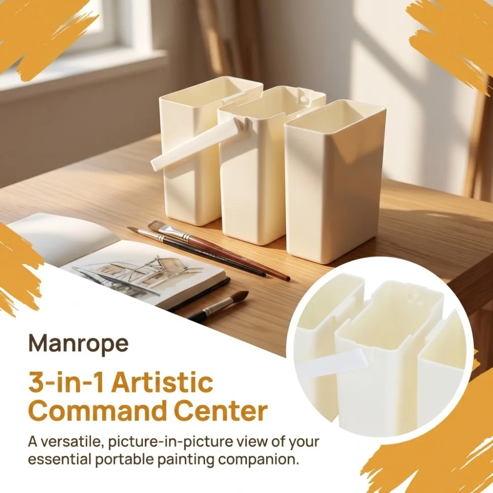 3PCS 3.1×2.6×1 in，3.3×3×1.3 in，3.2×2.8×1.2 in Folding Paint Water Bucket Three In One Separate Compartment Art Brush Washing Tub view 2