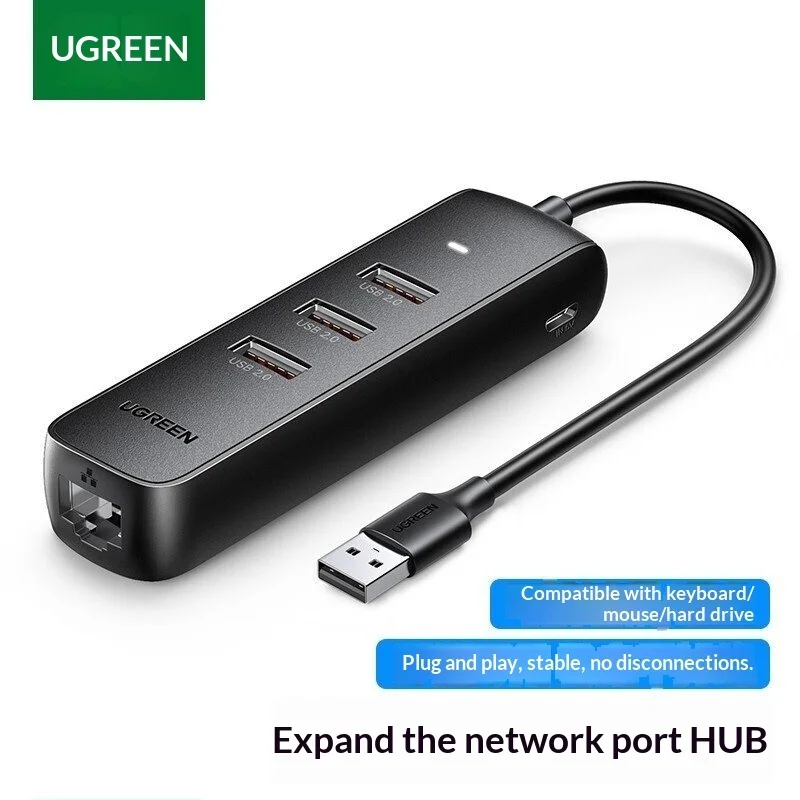 UGREEN 20983 CM416 USB 2.0 Hub with 3 USB Ports 100Mbps Ethernet RJ45 USB-C Auxiliary Power Input White