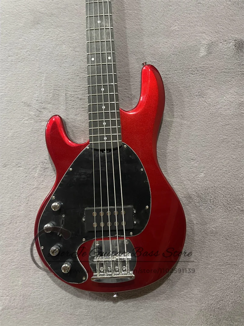 Left Hand Bass Guitar 5 Strings Bass Metal Red Body Black Pickguard Fixed Bridge Rosewood Fingerboard Actrive Battery