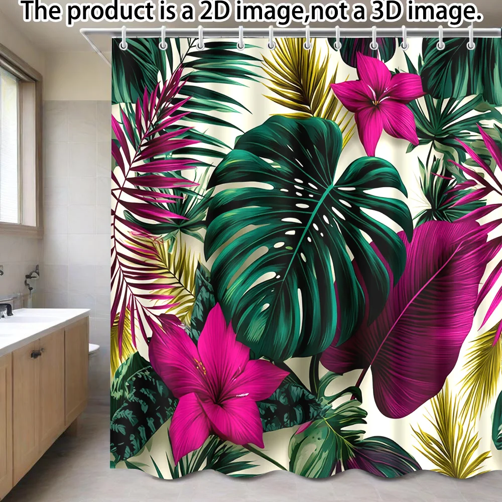 1 cortina de ducha con un diseño de filodendro exuberante y lirios de color rosa brillante, incluye 12 ganchos. 180 x 180 cm, perfecto para