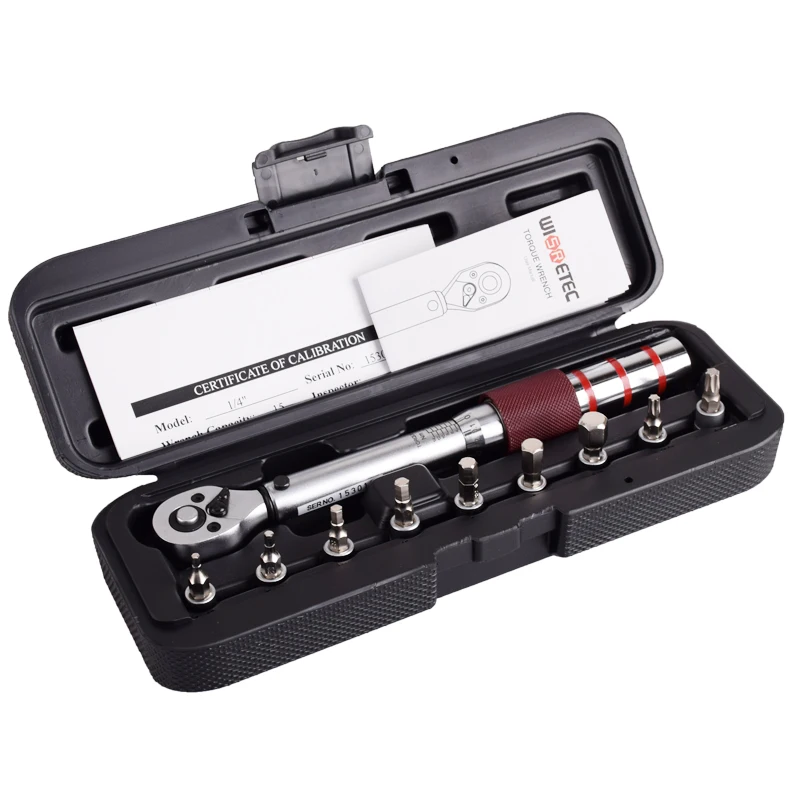 

1/4"DR 2-15Nm Mini Adjustable Road Carbon Hand Bicycle Bike Tool Kit Qith Pro Preset Torque Wrench Hex Bit Set WISRETEC