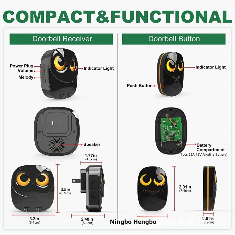 Smart Doorbell Button Wireless Long Range Outdoor Waterproof High Efficiency Protection Call Owl