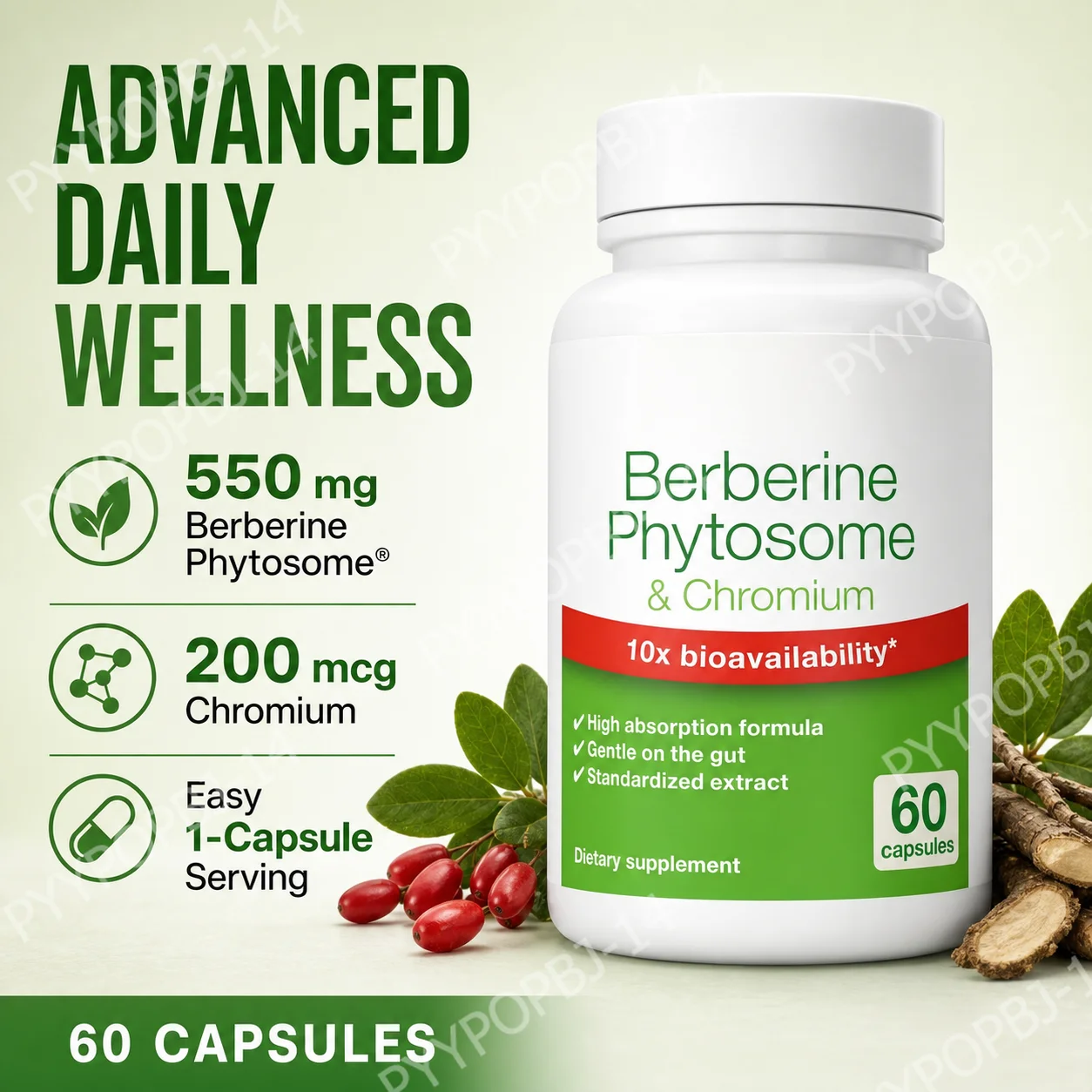 Berberine Botanical Complex with Chromium Picolinate, 550 mg, 60 Plant Cellulose Capsules for Daily Wellness Support Formula