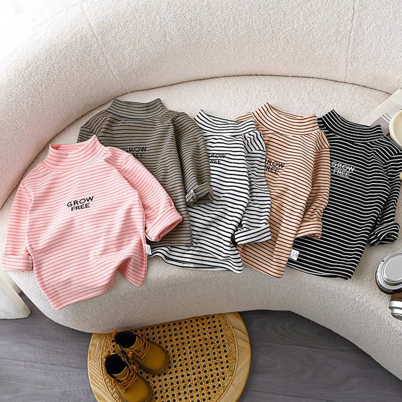

Toddler Baby Kids Striped Turtleneck T-Shirt, Long Sleeve Letter Print Top, Spring Autumn Thin Tee, Boys Girls 2-10 Y