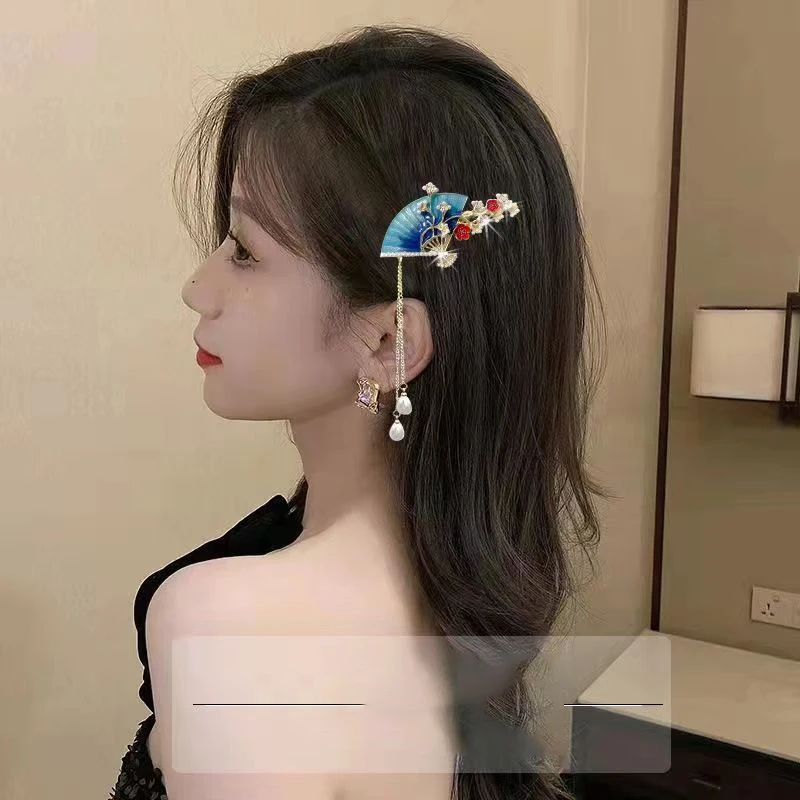 Chinese Ancient Fan-shaped Hairpin Oil Painting Flower Side Clip Temperament Pearl Tassel Hairpin Cheongsam Hanfu Accessories