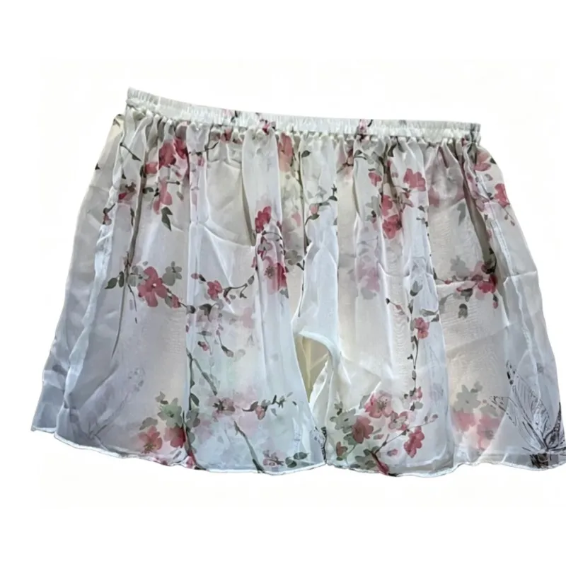 Glossy Floral Print Men's Sexy Transparent TulleShorts COS Women Silky Touch Home Ultra Thin Plus Size Loose Sleeping Bottoms