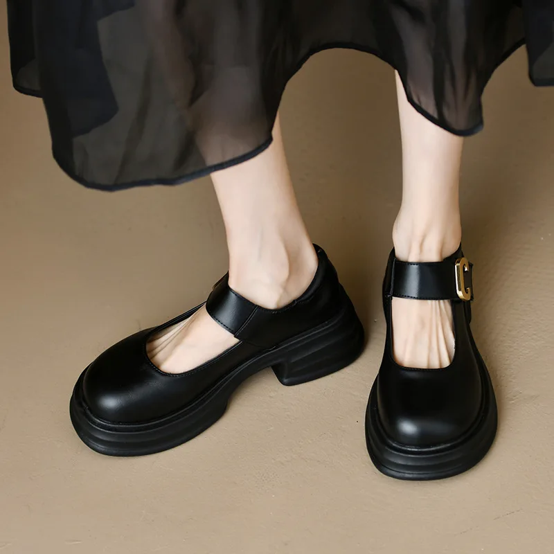 Buckle Small Leather Shoes Women's Shoes  New Spring Thick Soled Thick Heel Mary Jane Single Shoes Spring French Lefu Shoes