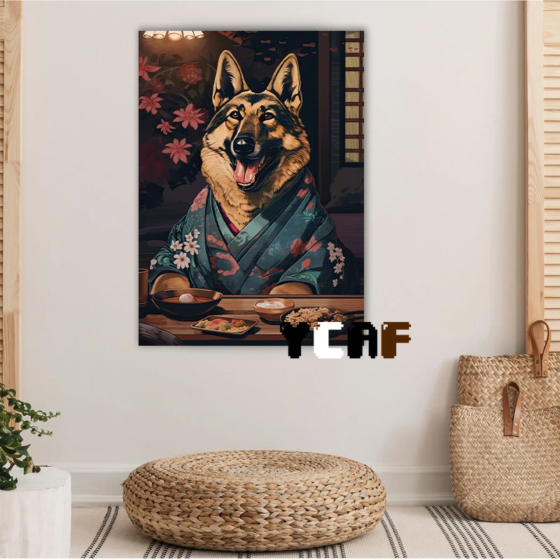 Retro Japanese Style Dogs Portrait Painting Poster Canvas Prints Japanese Traditional Costume Corgi Samoye Husky Dog Wall Decor