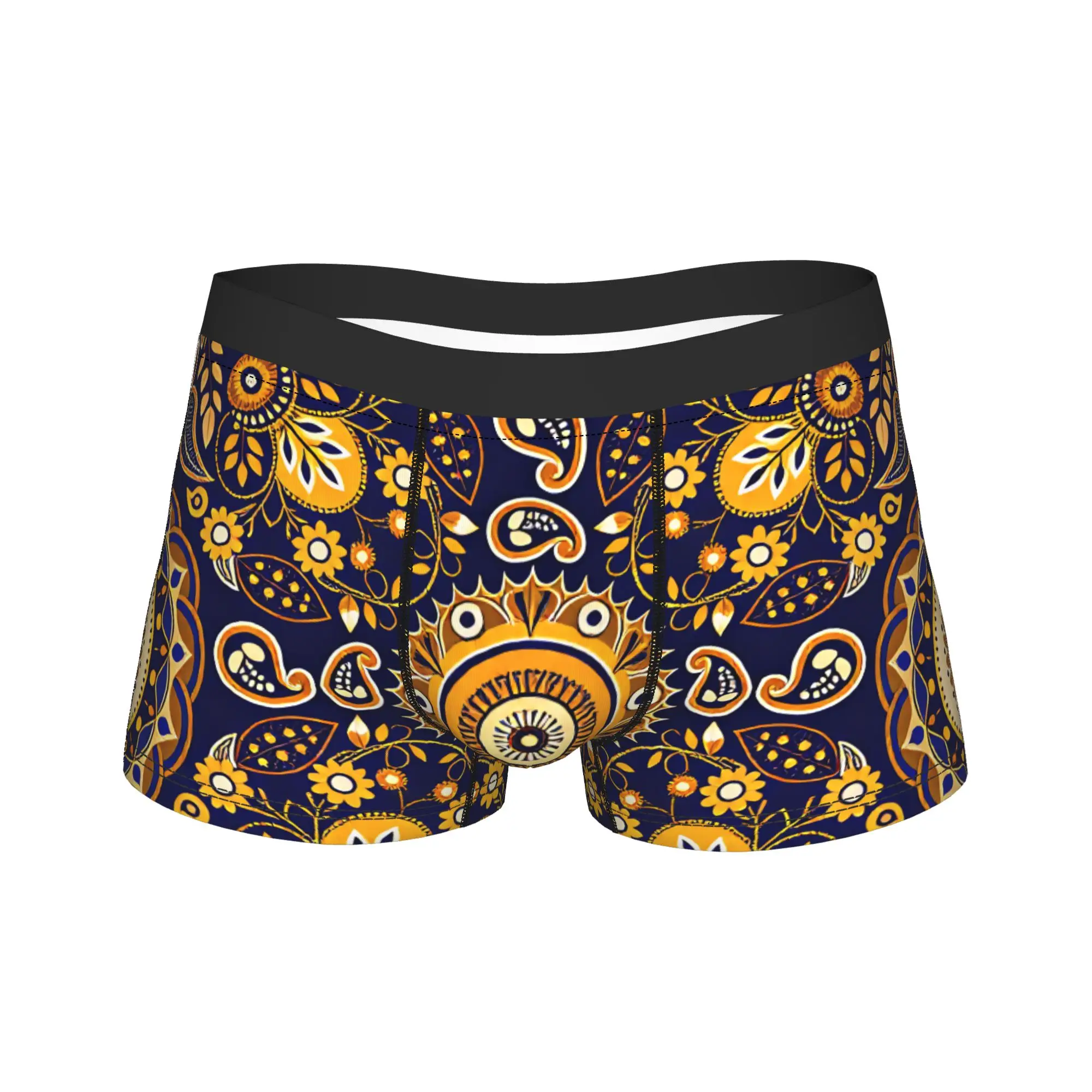 Dark Blue Golden Floral Paisley Underwear  Printing Boxer Shorts Trenky Men's Underpants Breathable Shorts Briefs Birthday Gift