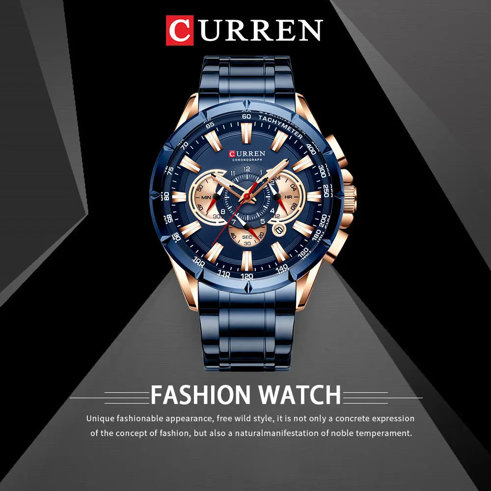 

Curren 8363 Роскошные кварцевые мужские часы со стальной полосой, многофункциональные светящиеся водонепроницаемые часы с хронографом и календарем для мужчин