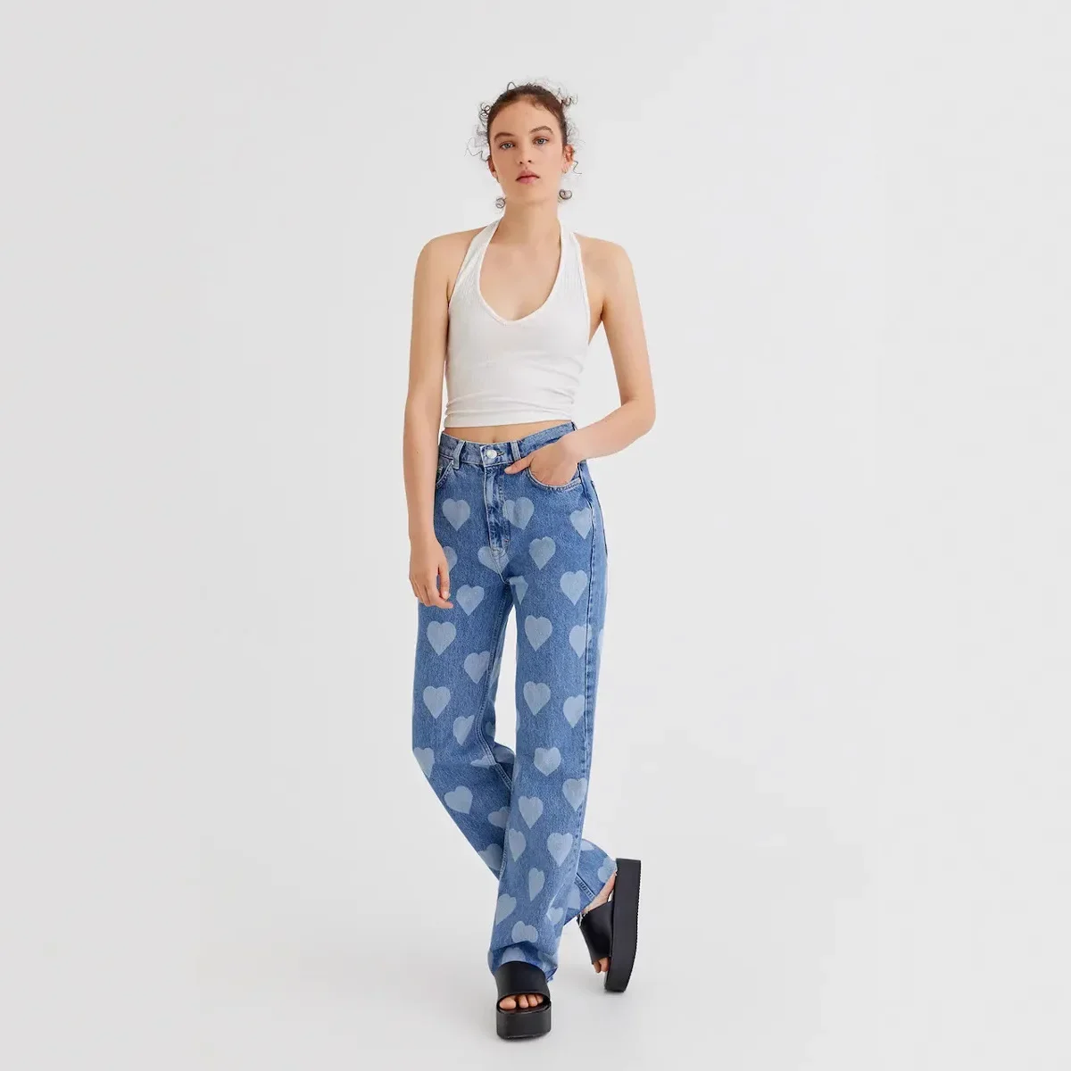 Straight Jeans For Women Print Ankle Length Trousers High Waist Washed Distressed Pockets Pants Female  Vintage Denims