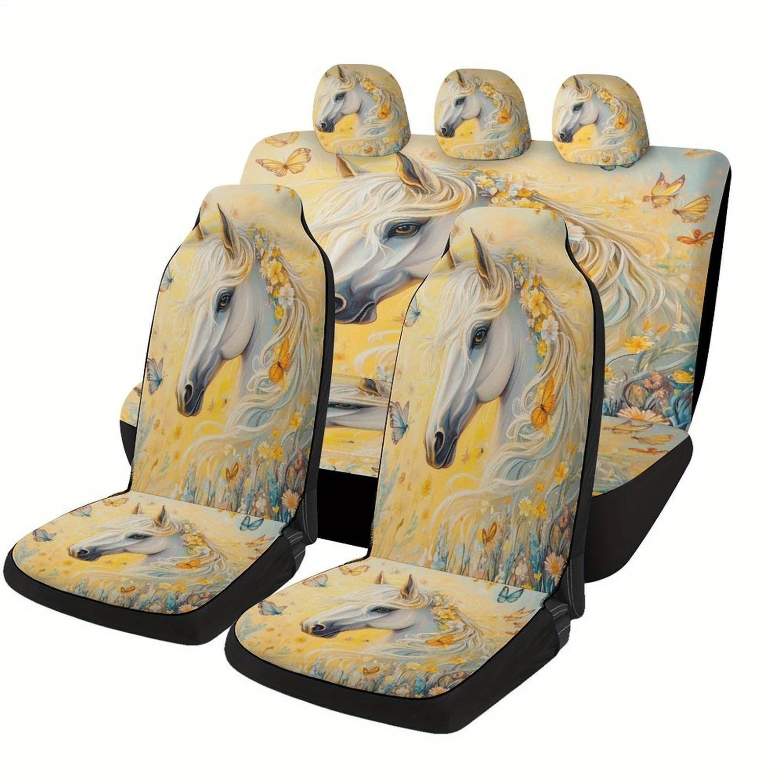 

White Horse With Butterflies Themed Car Seat Cover Set For Most Cars, Fashionable Novelty Car Seat Protector Covers Full Set, Un