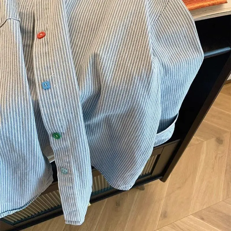 Retro minimalistisch contrast gestreept shirt dames Koreaanse oversized polokraag blouse met lange mouwen lente losse fit casual top