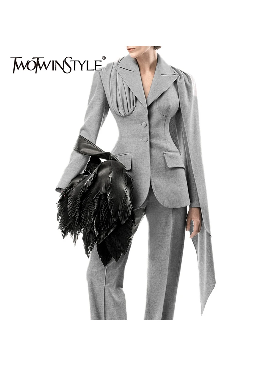 TWOTWINSTYLE التخسيس تقسم الشريط مزاجه الحلل للنساء التلبيب كم طويل المرقعة طيات السترة الملابس النسائية جديد