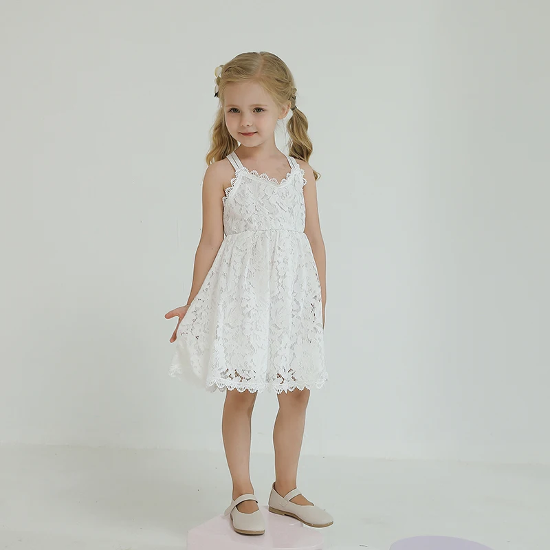 White Flower Lace Princess Summer Dress For Girls Kids Sling Casual Dresses 3 6 8Y Children Clothes Little Girls Vestidos Infant