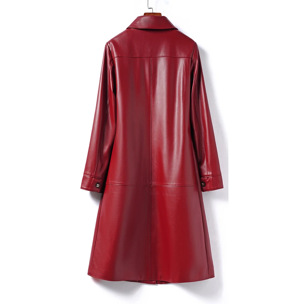 New Women Split Leather Long Coat Spring Autumn Fashion Turn-down Collar Single Breasted Slim Leather Coat Casual Daily Coat view 2