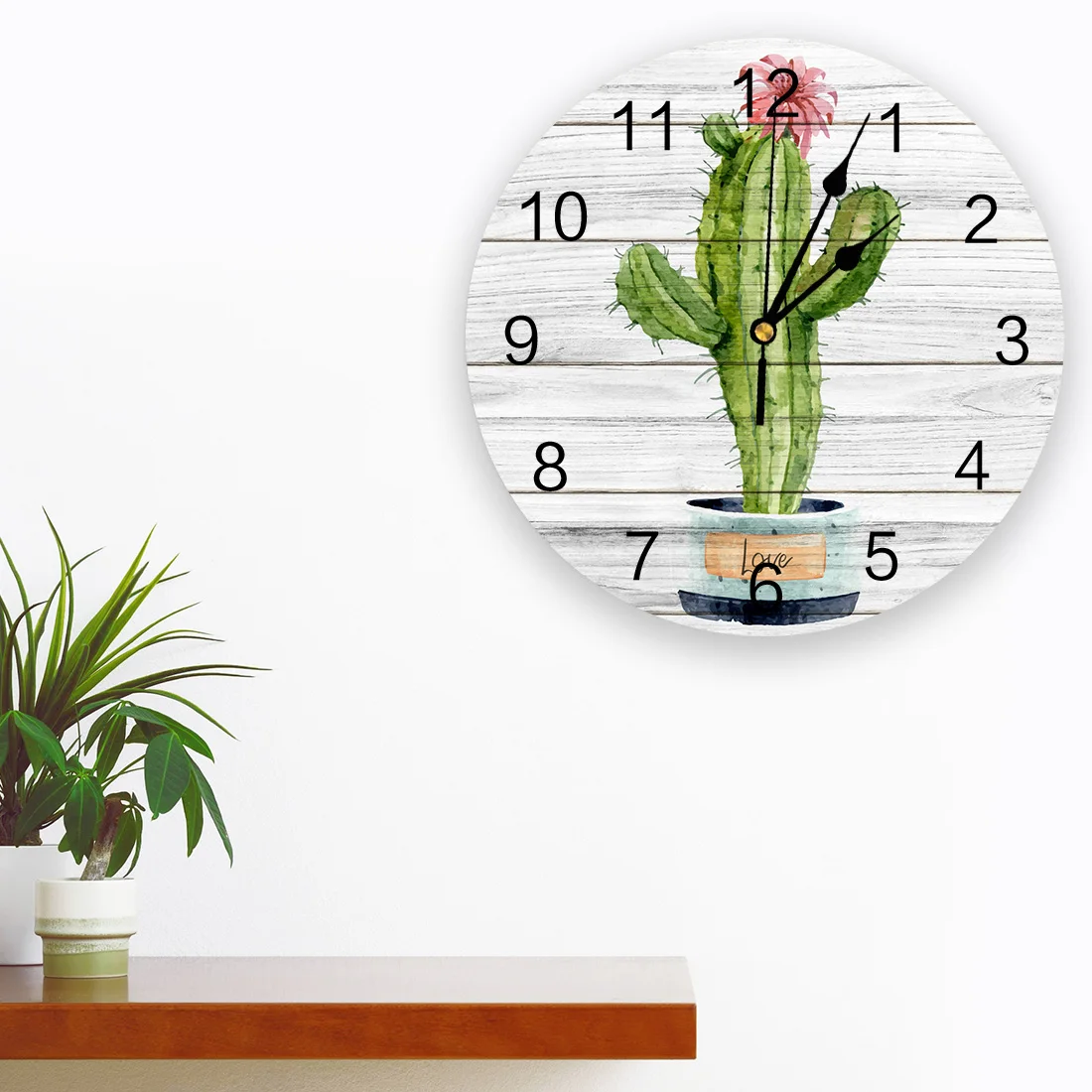 Cactus On Wooden Board Clock Living Room Home Decor Large Round Wall Clock Mute Quartz Table Clock Bedroom Decoration Wall Watch