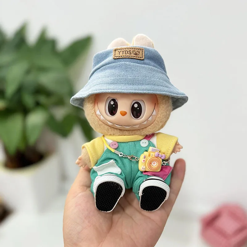 

15/17 см, одежда LABUBU/DIMOO от 1 до 3-го поколения, джинсовый комбинезон с карманами ярких красных точек и рыбацкой шляпой