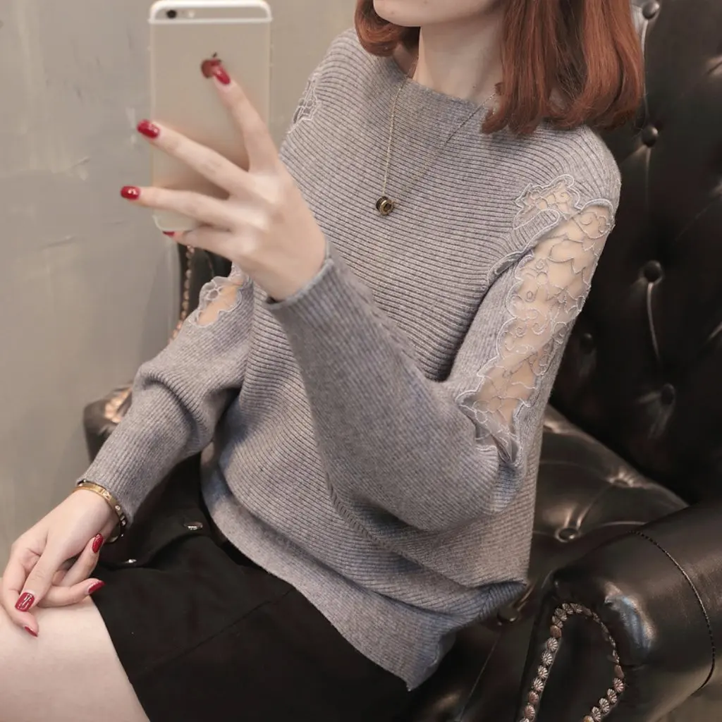

Women's Short Pullover Sweater Loose Fit One-character Collar Lace Hollow-out Stitching Knitted Batwing Shirt for Autumn
