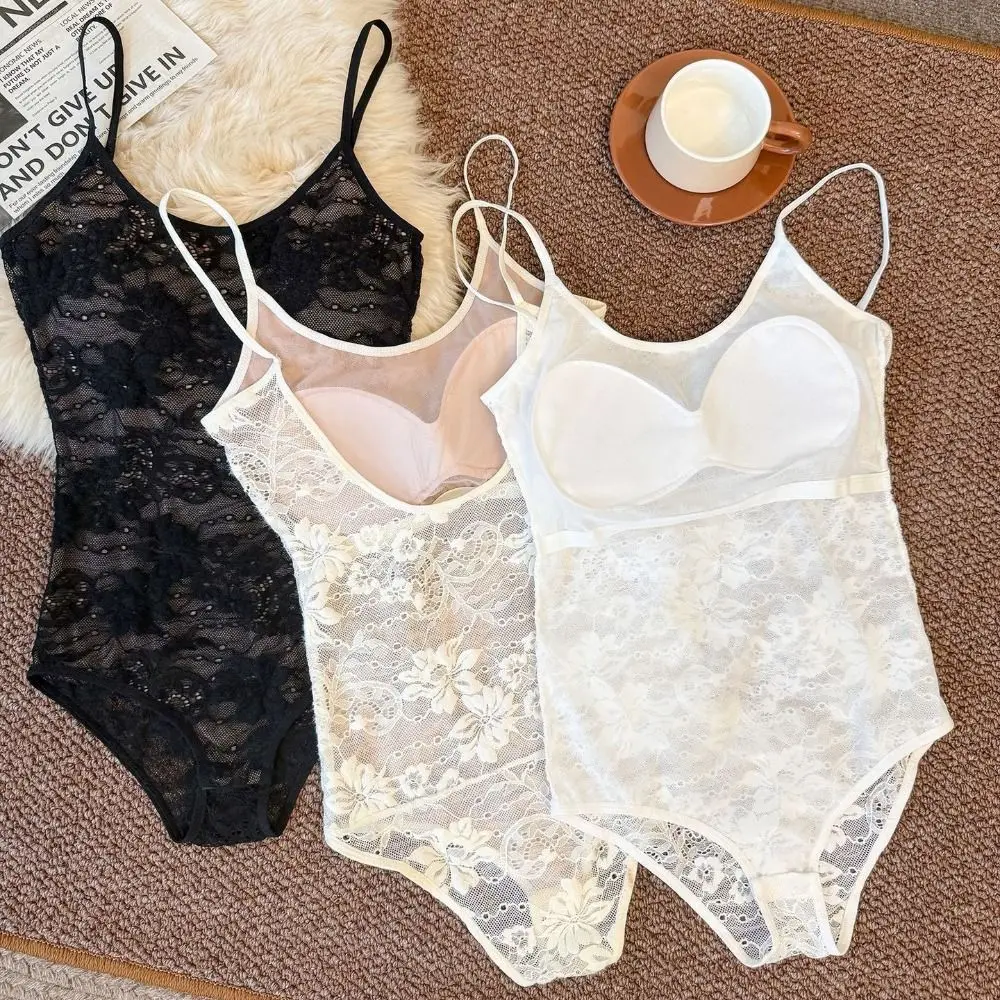 Slim Fit Lace Bodysuit Hollow Lace Transparent Lace Corset Bodysuit U Neck Sleeveless Backless Bodysuit Summer Streetwear view 3