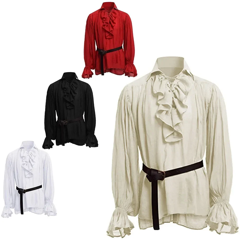 

Medieval Vintage Lacing Up Shirt Men Renaissance Ruffled Long Sleeve Bandage Tops Male Viking Pirates Fluffy Costume Halloween