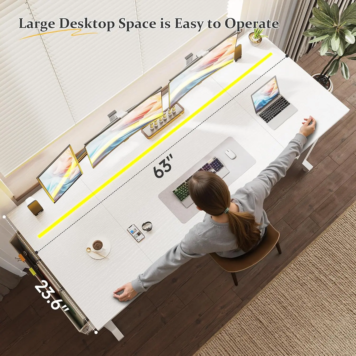 63 Inch Computer Desk with Waterproof LED Lights for Bedroom, Customized