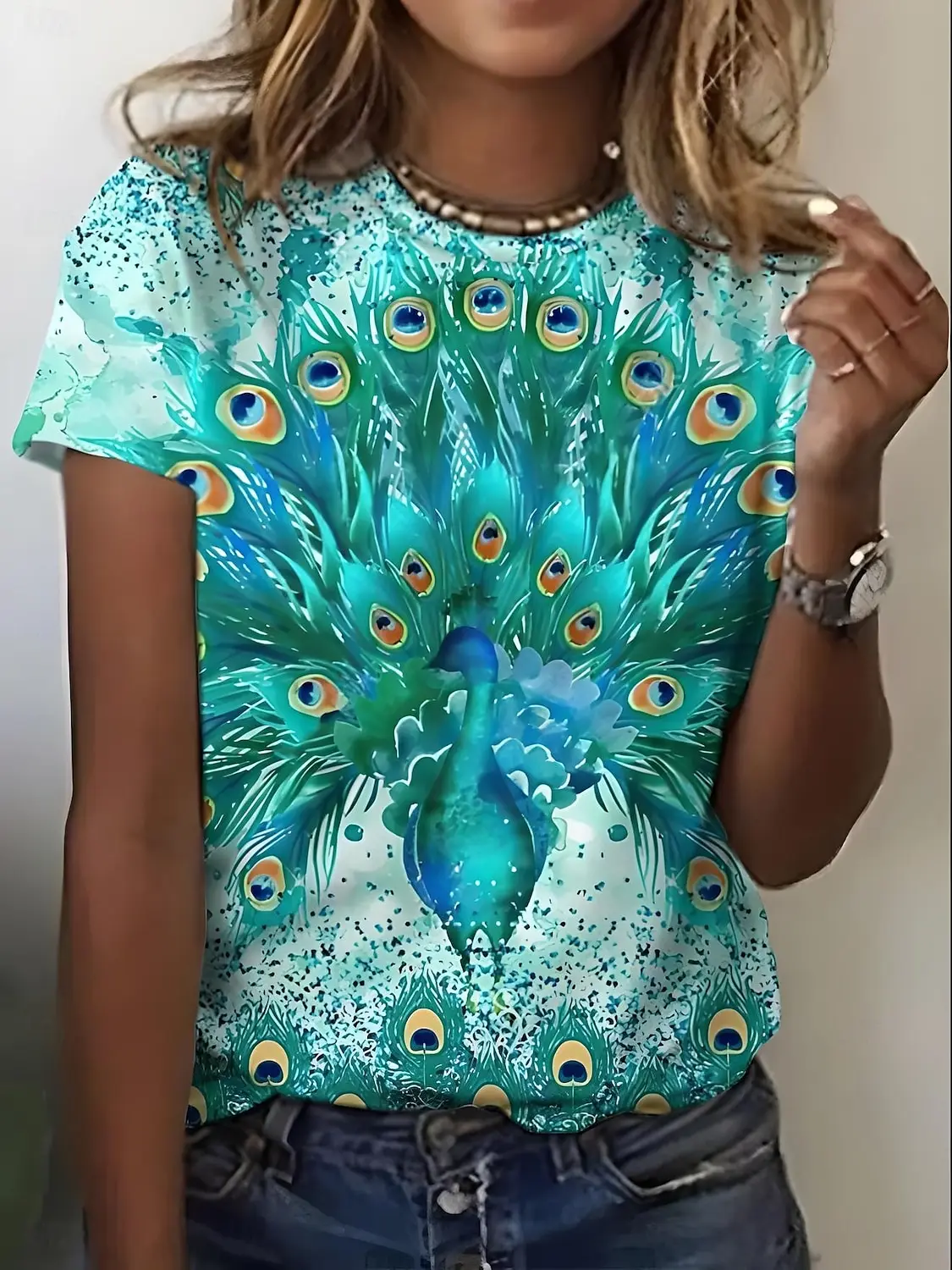 

Женская футболка с градиентным узором и перьями, повседневная футболка с короткими рукавами и круглым вырезом, обычные топы, повседневные топы выходного дня с принтом травы, зеленого шалфея