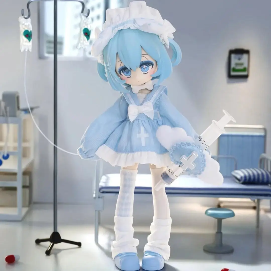 OB11 Doll Clothes Princess Escape Plan Blue Maid Nurse Uniform Girl Bow Dress+Socks Handmade Ornaments Toys Dolls Clothing