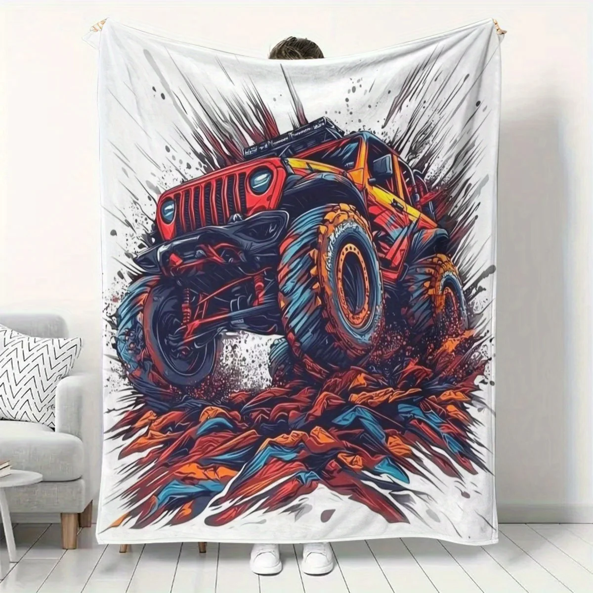Painted pattern of off-road truck Flannel printed blanket suitable for all seasons suitable for living room office sofa travel