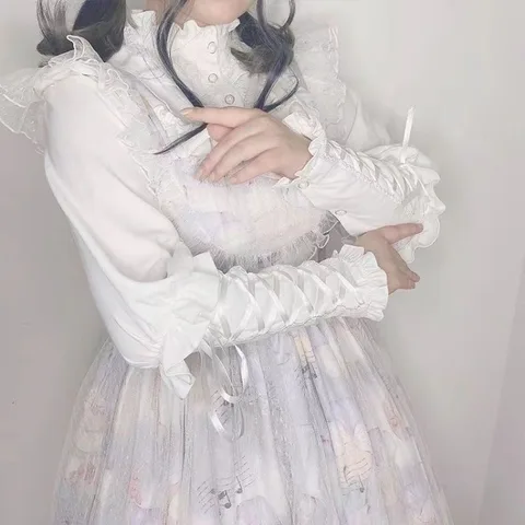 Harajuku Лолита, белые рубашки с оборками, женские модные милые кружевные блузки с воротником-стойкой, Blusas Mujer с длинными рукавами