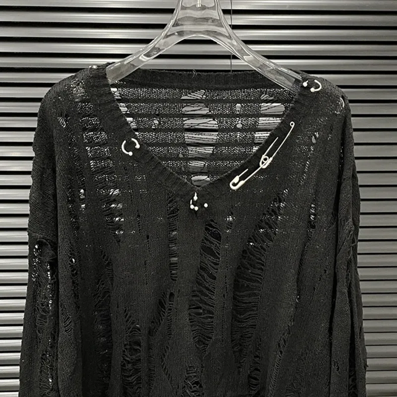 HKSH Autunno Nuove Donne Chic T-Shirt Con Scollo A V Manica Lunga Lavorato A Maglia Scava Fuori Spille Decorare Sottile Streetwear Alla Moda Casual Magliette E Camicette HK9053