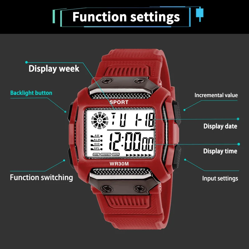 YIKAZE Y11 Men's Sports Watches Waterproof Outdoor Digital Men's Watches LED Alarm Clock Electronic watches for man Student kids