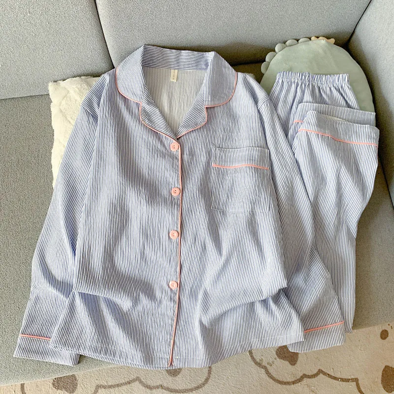 Spring Sweet Contrast Color Striped Pajama Set Women Lapel Long Sleeve Single Breasted Tops Pants Korean Loose Casual Loungewear