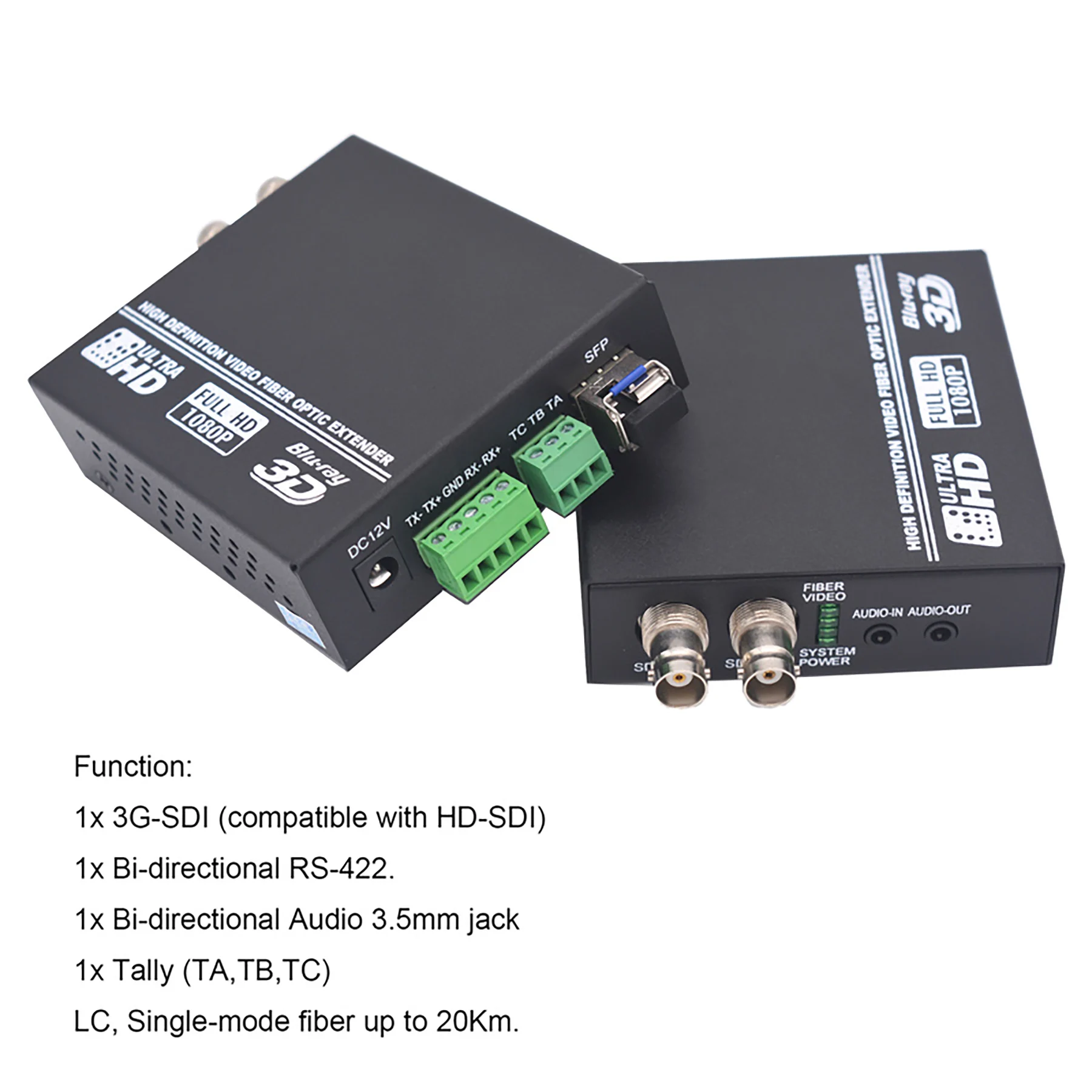 3G/HD-SDI RS422 Tally 3.5mm Audio Fiber Optic Converters LC SFP Singlemode 20Km